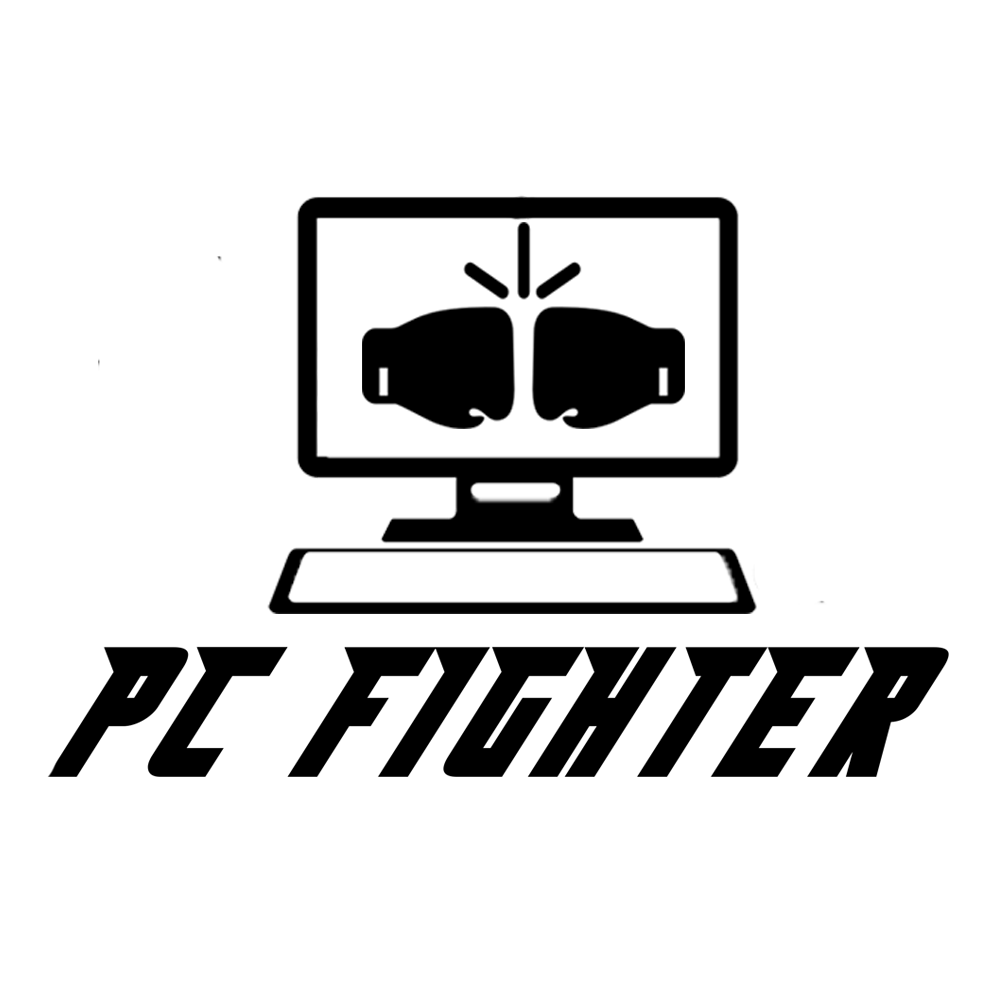 Logo de PC Fighter: dos guantes de box chocando dentro de un monitor
